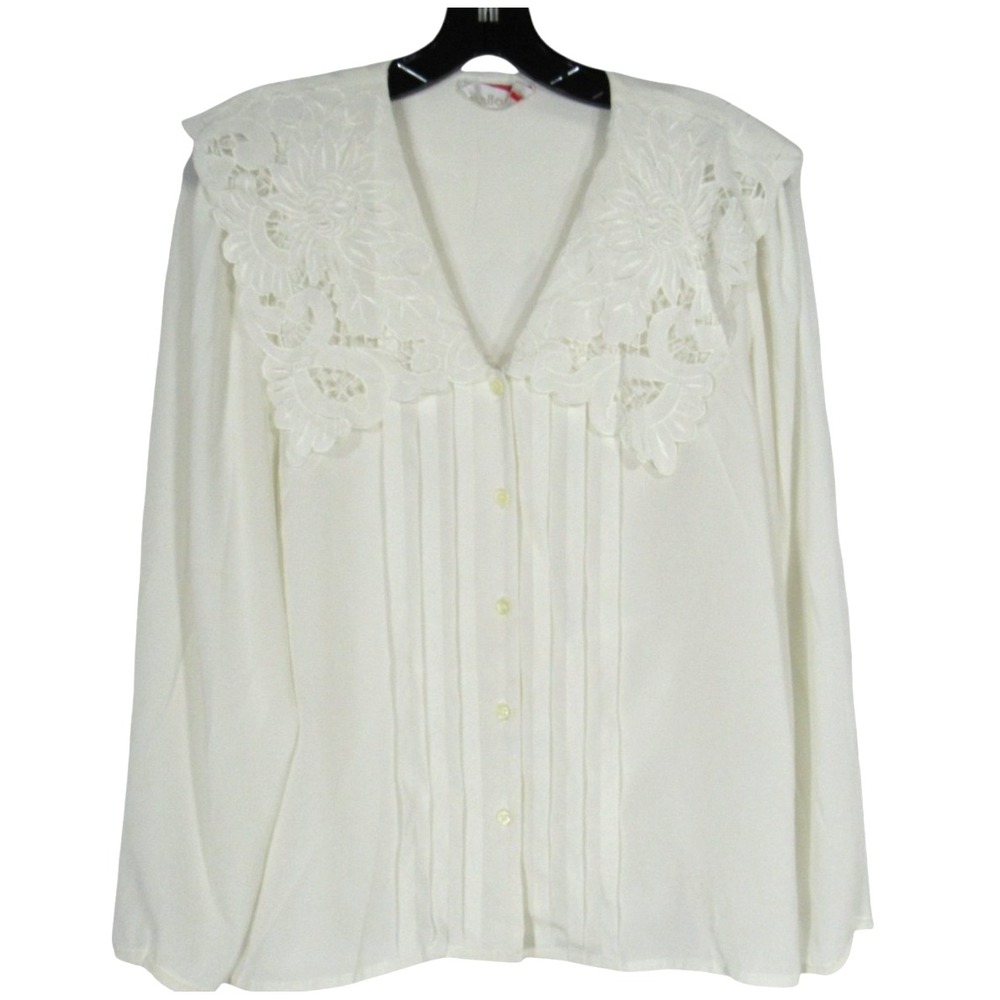 VTG NILANI White SATIN Pleated Front EYELET FLORAL COLLAR Blouse/Top Sz 9/10